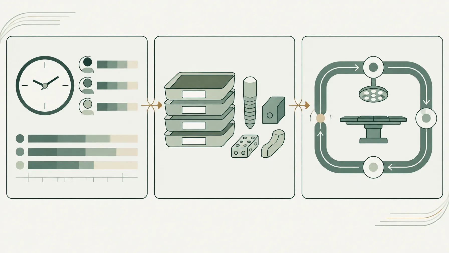 Editorial illustration showing staffing, supplies, and throughput as three connected ASC operating levers