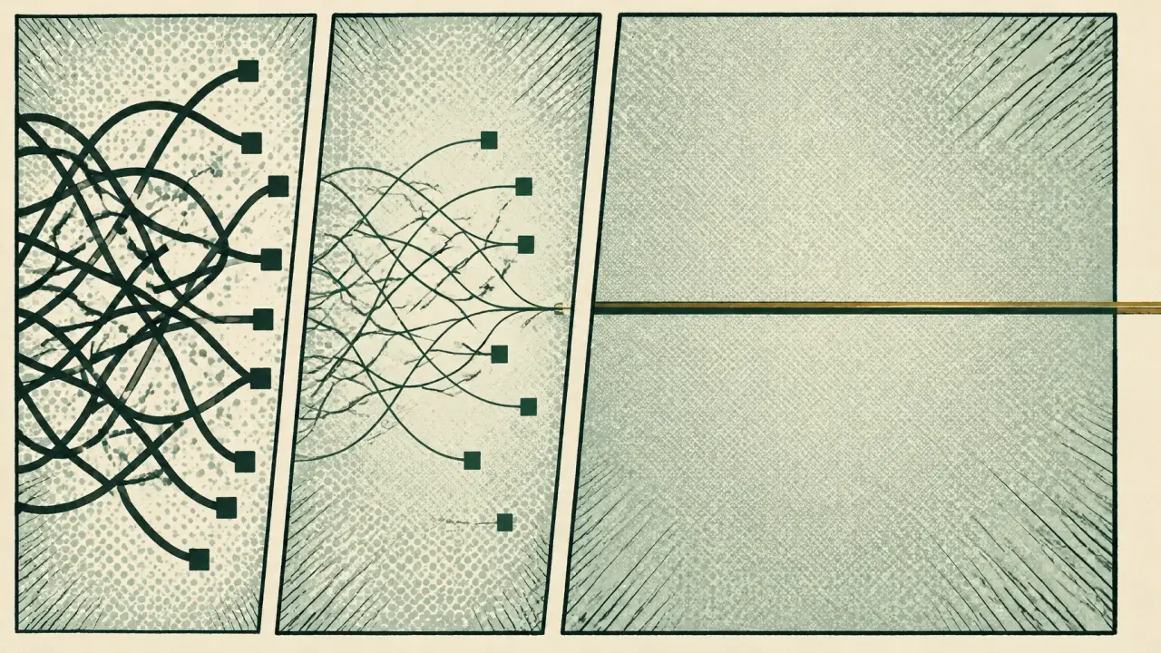 Comic panels showing tangled crossing lines ending in dead ends, then one unbroken line continuing to the edge